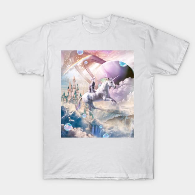 Rainbow Galaxy Cat Riding Unicorn In Space T-Shirt by Random Galaxy